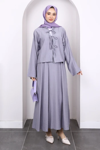 Gri Önü Bağlamalı Kimono Etekli Takım