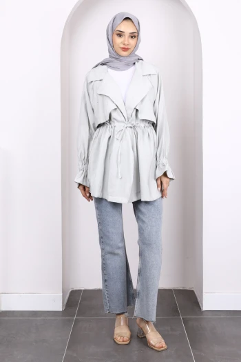 Gri Taş Detaylı Bağcıklı Ceket