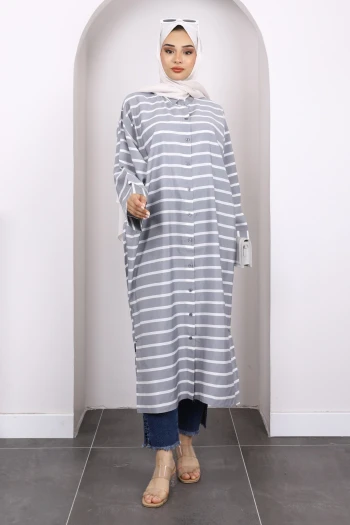 Gri Yarasa Kol Çizgili Modal Tunik