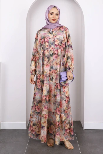 Gül Kurusu Yarım Düğmeli Eteği Katlı Desenli Elbise