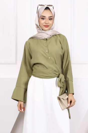 Haki Bel Bağlamalı Modal Gömlek