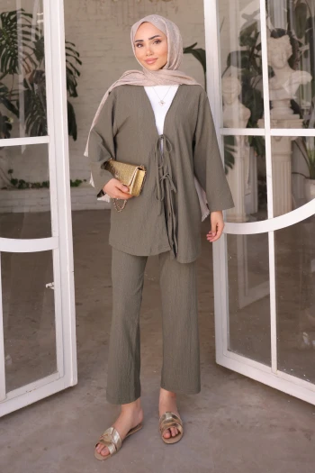 Haki Ön Bağlamalı Bürümcük Kimono Pantolonlu Takım