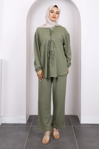 Haki Ön Bağlamalı Bürümcük Kimono Pantolonlu Takım