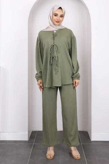 Haki Ön Bağlamalı Bürümcük Kimono Pantolonlu Takım