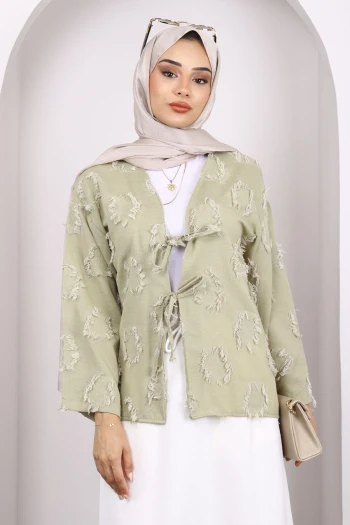 Haki Ön Bağlamalı Püsküllü Kimono