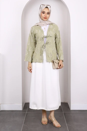 Haki Ön Bağlamalı Püsküllü Kimono