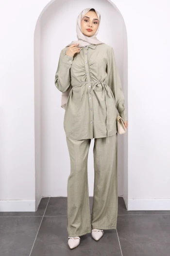 Haki Ön Drapeli Tunik Pantolonlu Takım