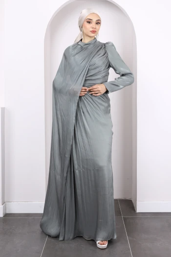 Haki Önü Drapeli Şifon Abiye