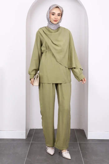 Haki Şal Detaylı Tunik Pantolonlu Takım