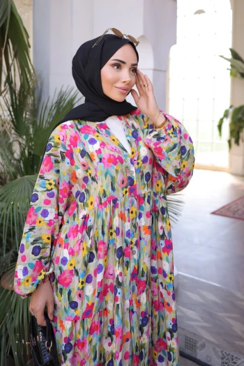 Haki Yarım Düğmeli Eteği Katlı Elbise