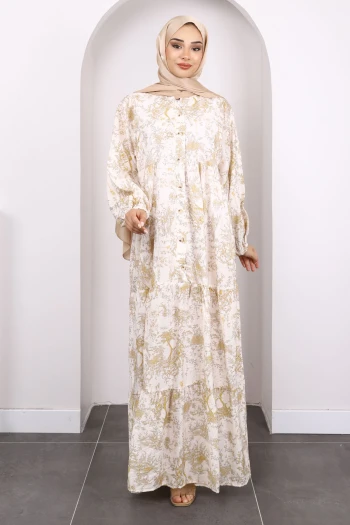 Hardal Yarım Düğmeli Eteği Katlı Desenli Elbise