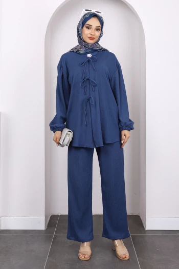 İndigo Ön Bağlamalı Bürümcük Kimono Pantolonlu Takım