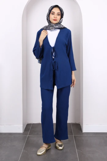 İndigo Ön Bağlamalı Bürümcük Kimono Pantolonlu Takım