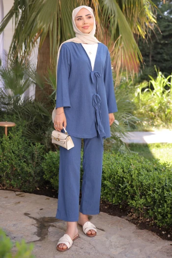 İndigo Ön Bağlamalı Bürümcük Kimono Pantolonlu Takım