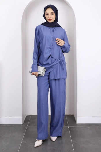 İndigo Ön Bağlamalı Tunik Pantolonlu Takım