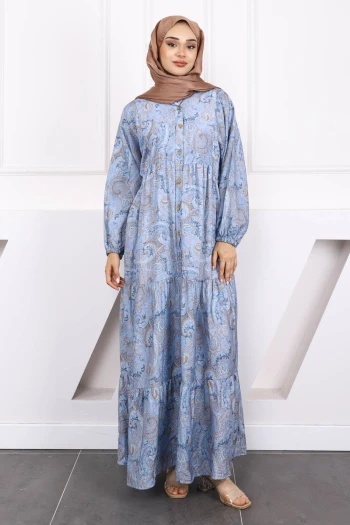 İndigo Yarım Düğmeli Eteği Katlı Desenli Elbise