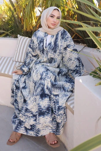 İndigo Yarım Düğmeli Eteği Katlı Elbise