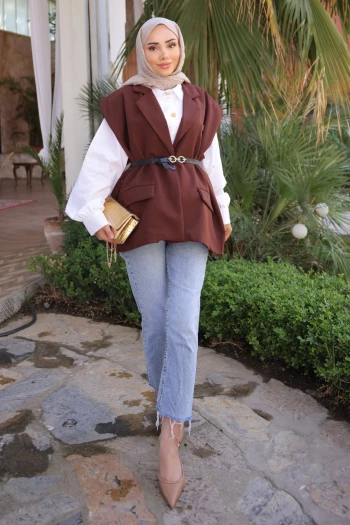 Kahverengi Bel Kemerli Yelek