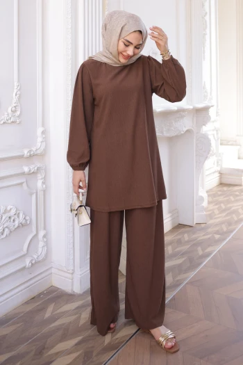 Kahverengi Bürümcük Tunik Pantolonlu Takım