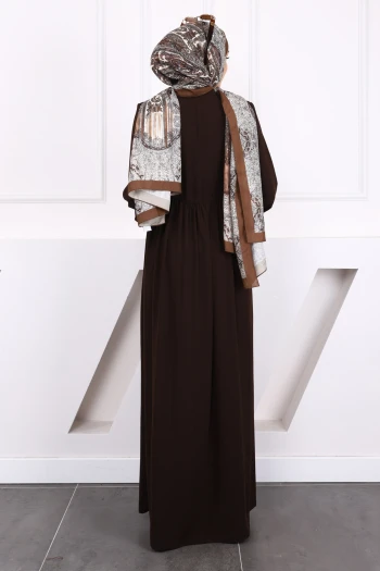 Kahverengi Büzgülü Kol Lastikli Ferace