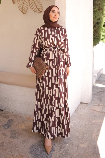 Kahverengi Desenli Eteği Katlı Viscon Elbise