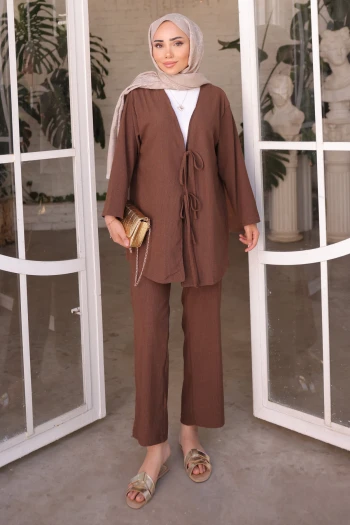 Kahverengi Ön Bağlamalı Bürümcük Kimono Pantolonlu Takım