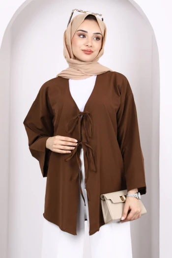 Kahverengi Ön Bağlamalı Kimono