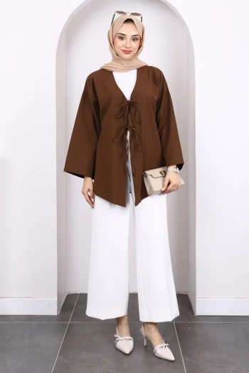 Kahverengi Ön Bağlamalı Kimono