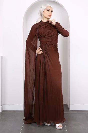 Kahverengi Önü Drapeli Şifon Abiye