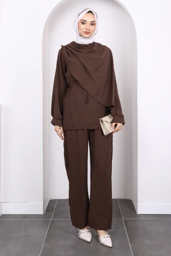 Kahverengi Şal Detaylı Tunik Pantolonlu Takım