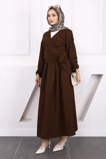 Kahverengi Yan Bağlamalı  Bluz Etekli Takım