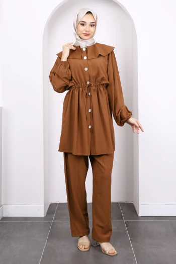 Kiremit Beli Bağlamalı Tunik Pantolonlu Takım