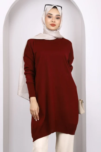 Koyu Bordo Bisiklet Yaka Merserize Salaş Triko Tunik