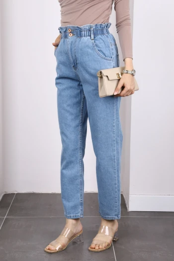 Koyu Mavi Bel Lastikli Mom Jeans Pantolon