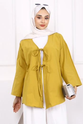 Koyu Yağ Yeşili Ön Bağlamalı Kimono