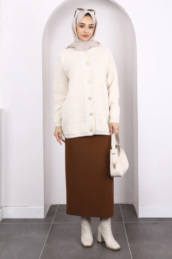 Krem Simli Düğmeli Angora Triko Hırka