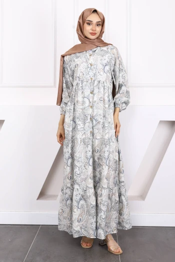 Krem Yarım Düğmeli Eteği Katlı Desenli Elbise