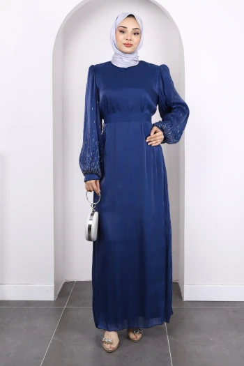 Lacivert Balon Kol Taşlı Abiye