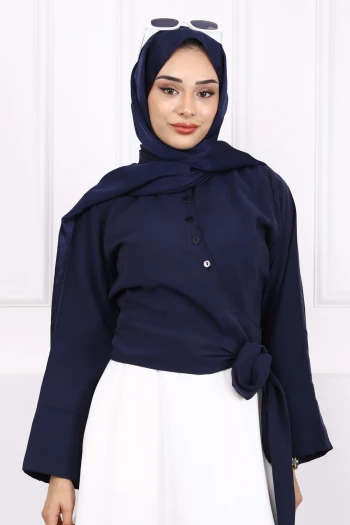 Lacivert Bel Bağlamalı Modal Gömlek