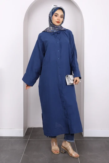 Lacivert Düğmeli Müslin Tunik