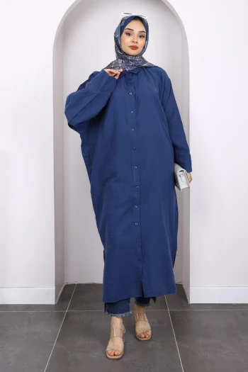 Lacivert Düğmeli Müslin Tunik