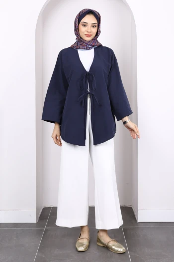 Lacivert Ön Bağlamalı Kimono Tunik