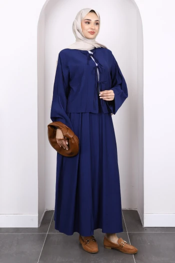 Lacivert Önü Bağlamalı Kimono Etekli Takım