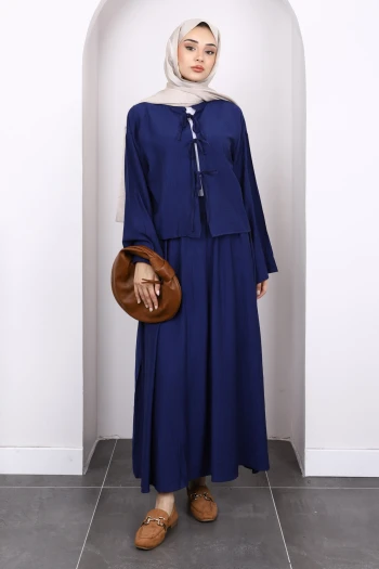 Lacivert Önü Bağlamalı Kimono Etekli Takım