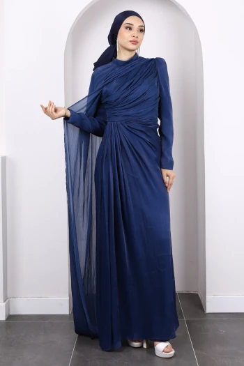 Lacivert Önü Drapeli Şifon Abiye