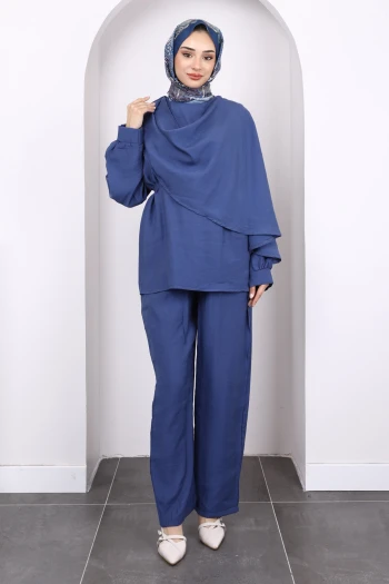 Lacivert Şal Detaylı Tunik Pantolonlu Takım