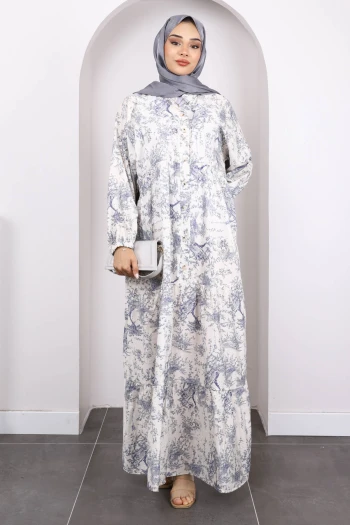 Lacivert Yarım Düğmeli Eteği Katlı Desenli Elbise