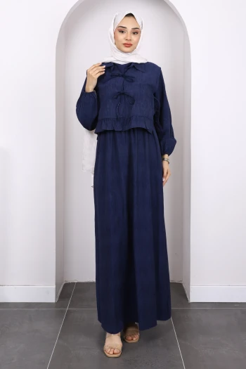 Lacivert Yelek Kombinli Bel Lastikli Elbise