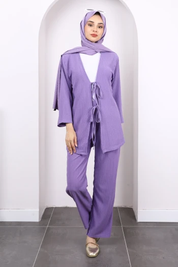 Lila Ön Bağlamalı Bürümcük Kimono Pantolonlu Takım