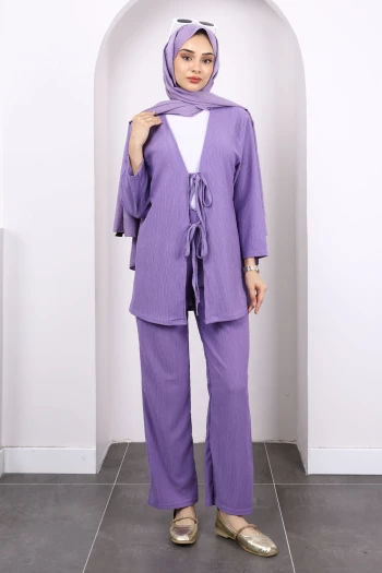 Lila Ön Bağlamalı Bürümcük Kimono Pantolonlu Takım
